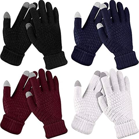4 Pairs Women's Winter Touch Screen Gloves Warm Fleece Lined Knit Gloves Elastic Cuff Winter Texting Gloves (Black, Wine Red, White, Navy Blue) Cover