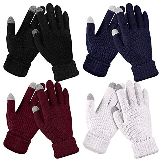 4 Pairs Women's Winter Touch Screen Gloves Warm Fleece Lined Knit Gloves Elastic Cuff Winter Texting Gloves (Black, Wine Red, White, Navy Blue)