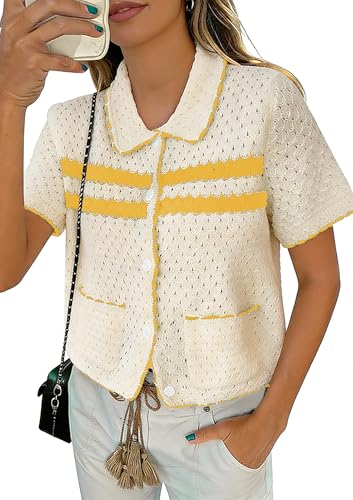 Image of Yousify Womens Casual Summer Short Sleeve Sweaters Button Down Crochet Knit Tops 2026 Loose Cute Cardigan Sweater