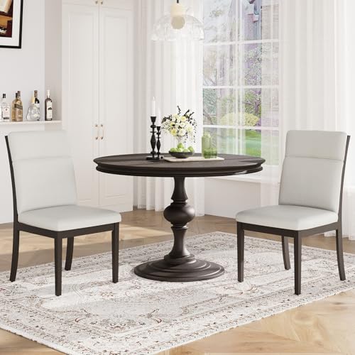 Image of COLAMY Wooden Dining Chairs Set of 2, Modern Fabric Upholstered Kitchen Side Chairs, Farmhouse Ladder High Back Dining Room Chair with Foot Pegs - Beige