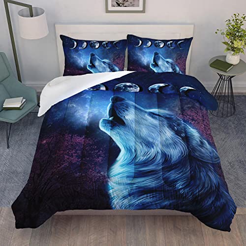 Xynhml Wolf Comforter Set Galaxy Night Moon Bedding Set 3Pcs Howling Wolf Down Lunar Eclipse Bed Set For Kids Teens Room Decor Wild Animals Comforter With 2 Pillowcases #TOP2