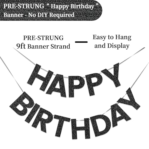Image of Pre-Strung Happy Birthday Banner - Black Glitter Party Decorations