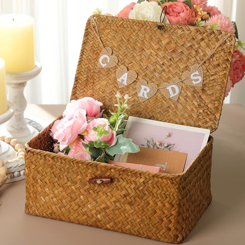Image of Geelin Sea Grass Wedding Card Basket With Letter Flag Decorative Wedding Card Woven Post Box Suitable For Baby Showers Birthdays Graduation Ceremonies Bridal Showers (11 Inch,Natural Color)