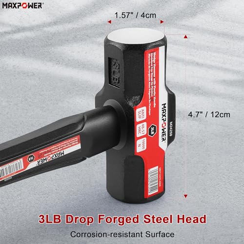Image of MAXPOWER 3lb Sledge Hammer, Drop forged Steel Head, 12.8 inch Fiberglass Handle Shock-Resistant