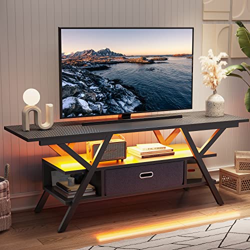 Bestier LED TV Table with Fabric Drawer TV cabinet with Storage Shelves for 32-65 Inch TVs 55 Inch Gaming TV Stand with Y-Shaped Frame for Living Room Carbon Fiber Black