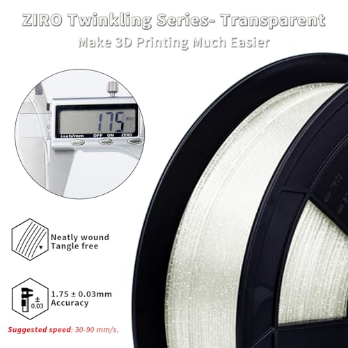Image of ZIRO Glitter PLA Filament 1.75mm, 3D Printer Filament Shiny Sparkle pla with Glitter, Twinkle Series 1.75 1kg /2.2lbs Translucent Spool, Fit Most FDM 3D Printers, Twinkling Transparent