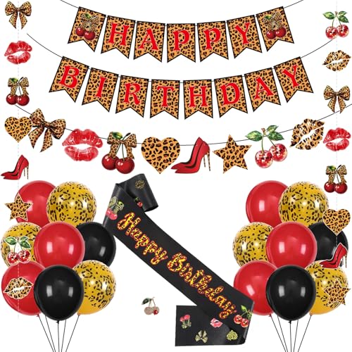 Image of Cheetah Print Birthday Decorations, Leopard Party Decorations Set - Animal Print Happy Birthday Banner, Sash, Hanging Garland & Balloons, Sassy Bday Party Decor for Girls Women