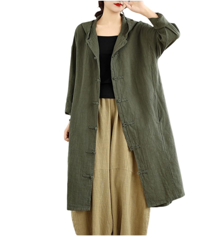 PRINCESS BRIDE Langer Damen-Trenchcoat mit Kapuze, Zen-Cardigan, Retro, zweireihig, Flog-Knöpfe, Baumwoll-Leinen-Jacke