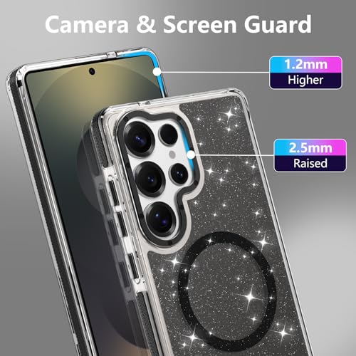 Image of Magnetic Case for Samsung Galaxy S25 Ultra [Compatible with Magsafe] [Bling Glitter Fluorescent Design] [1 Screen Protector] Slim Translucent Matte Case for Galaxy S25 Ultra 6.9 inch, Black
