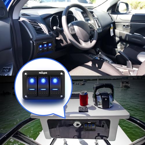 Image of Nilight 90017C 3 Gang Aluminum Panel Toggle Dash 5 Pin On /Off Pre-Wired Rocker Switch Holder for Automotive Car Marine Boat, 2 Years Warranty,Blue