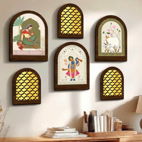 Image of Jharokha MDF Mirrors Home Decoration Items | Traditional Wall Decor Items for Living Room | Mirror Wall Hanging | Home Decor Items for Bedroom Office Set of 6 (9x12 inch & 7.5x9.5 inch)
