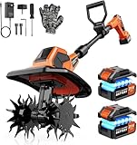 400RPM Brushless Cordlees Tiller Cultivator for Gardening, 20V Electric Garden Tiller Battery Powered((2*3.0Ah Battery&Charger), 9.5'Width 7'Depth, Garden Rototiller for Yard/Lawn/Soil Tiller (Orange)