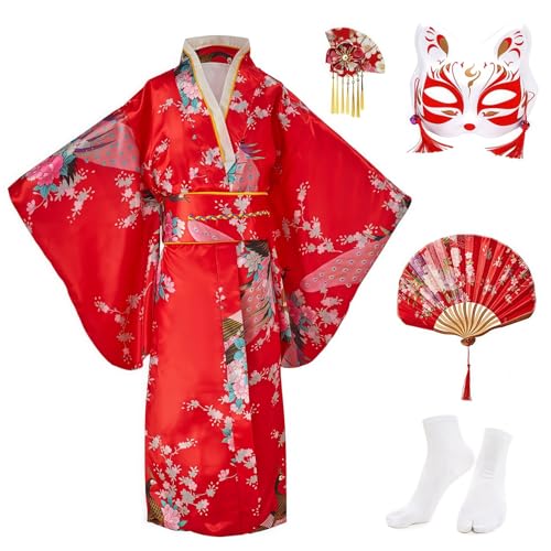 KRUIHAN Kimono Niña Vestido Japonés Yukata Bata de Satén para Niños Bata de Kimono para Fiestas de Boda,Juego de Disfraces Cosplay Infantil con Abanico,Calcetines Tabi,Máscara y Horquilla,Rojo,150