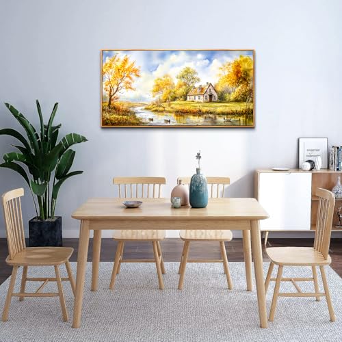 ERQINHUA Canvas Wall Art For Living Room Farmhouse Dining Room Home Wall Decor For Bedroom Office Wall Decoration Yellow Pastoral Creek Landscape Painting Wood Frame Prints Pictures Artwork 20"x40"