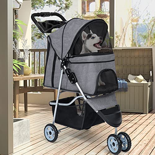 BestPet Pet Stroller Dog Cat Jogger Stroller for Medium Small Dogs Cats Folding Lightweight Travel Stroller with Cup Holder (Grey, 3 Wheels)