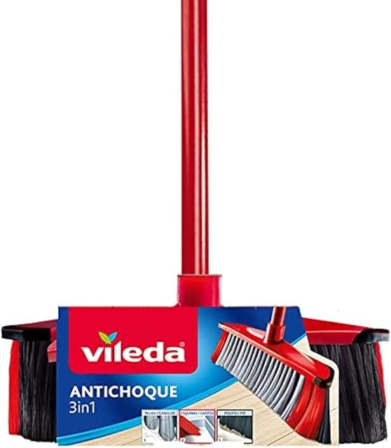 Vileda 3-in-1 Anti-Shock Brush Set and Stick, 3 Different Bristles, Suitable for All Surfaces, Red and Black