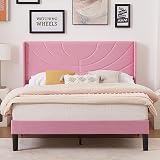VECELO Upholstered Platform Full Size Bed Frame with Fabric Headboard,Wooden Slats Support/No Box Spring Needed/Mattress Foundation,Pink