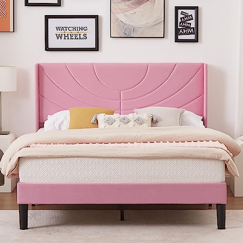 VECELO Upholstered Platform Full Size Bed Frame with Fabric Headboard,Wooden Slats Support/No Box Spring Needed/Mattress Foundation,Pink