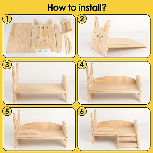 Image of Wooden Guinea Pig Bed with Mat 13.5IN X 9.3IN Detachable Hideout with Stairs Small Animal Cute Warm Habitats for Hamsters Ferret Bunny Sleeping Hiding
