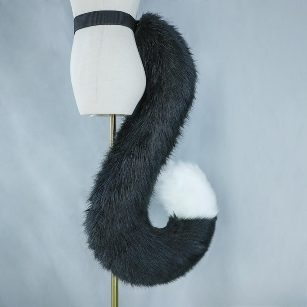 TTYAO REII Furry Cat Tail Faux Fur Fox Wolf Dog Animals Tail Fursuit Costume Accessories for Halloween Cosplay Party (Black White)