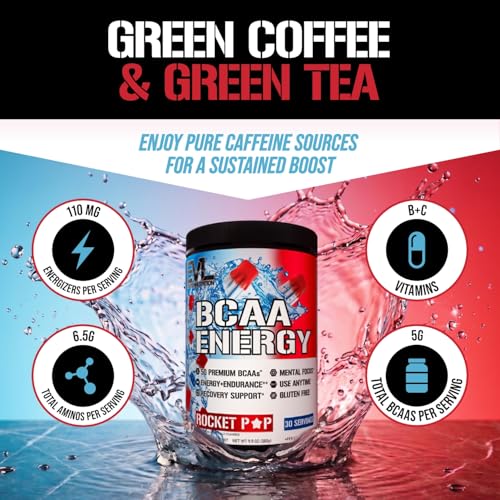 Image of EVL BCAAs Amino Acids Powder - BCAA Energy Pre Workout Powder for Muscle Recovery Lean Growth and Endurance - Rehydrating Post Workout Recovery Drink with Natural Caffeine - Rocket Pop