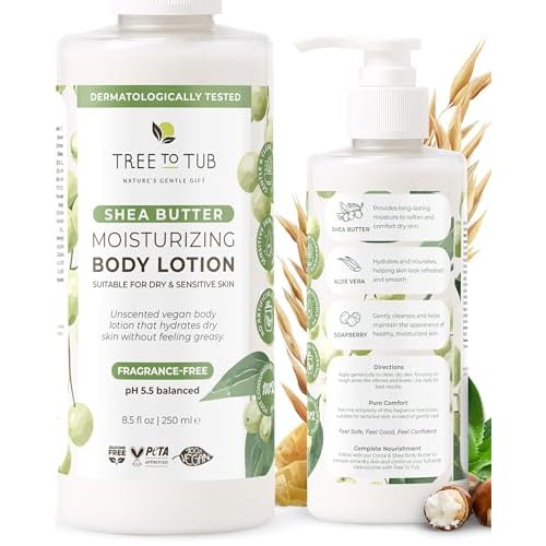 Tree to Tub Unscented Shea Butter Body Lotion for Dry Skin – Fragrance Free Lotion,Vegan Body Moisturizer, Good for Sensitive Skin for both Women & Men