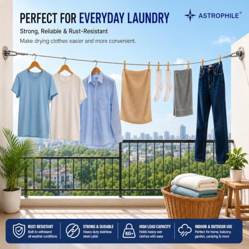 Image of Heavy Duty Clothes Drying Rope 5 Meter with Hooks | Strong Steel Clothesline for Balcony, Bathroom, Travel & Camping | Rust-Resistant Durable Cloth Line for Indoor & Outdoor Use (Silver), free