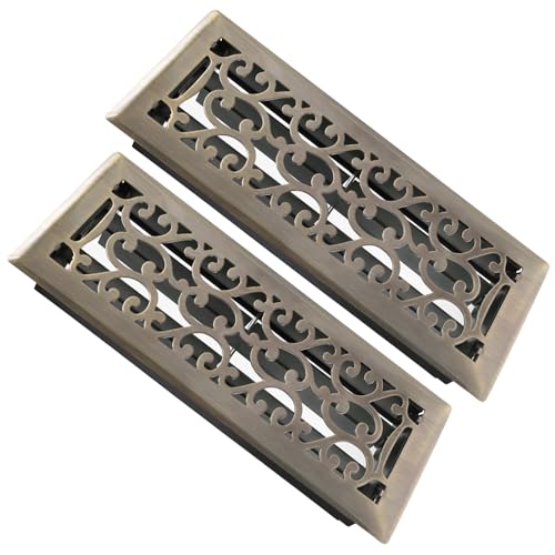 2 Pack Floor Register 4x12 Inches Heavy Duty Walkable Steel Floor Registers Adjustable Airflow Floor Vent Covers - Antique Brass Finish - Savannah Design - Air Vents Floor to Allow Walk