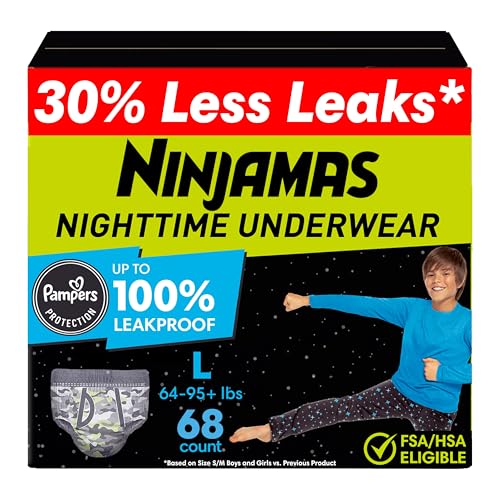 Image of Ninjamas Boys Bedwetting Nighttime Underwear, Size L Pull Ups for Boys (64-95+ lbs), 68 Count, Training Pants, Overnight Underwear Kids, Ultra Absorbent, Hypoallergenic