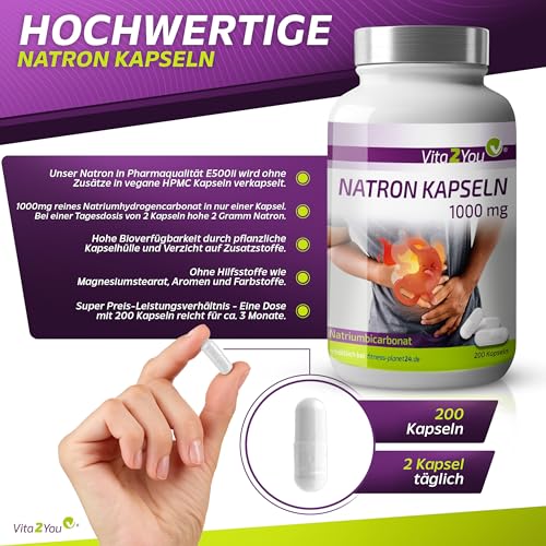 Vita2You Natron Kapseln 1000mg - 200 Kapseln - Natriumbicarbonat - Übersäuerung - Natriumhydrogencarbonat - Premium Qualität