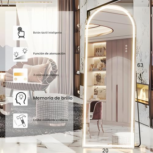 Miniatura 4 de Neuweaby Espejo De Cuerpo Entero Con Luces, Espejo De Pie Arqueado Iluminado De 160 X 50 Cm, Led Montado En La Pared Con Atenuación Y 3 Colores De Iluminación Para Dormitorio, Blanco