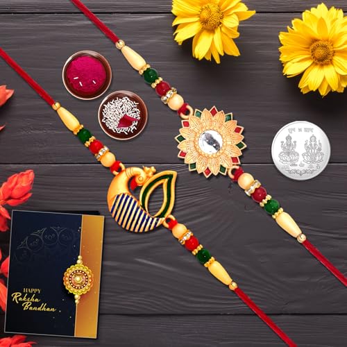 Image of Oblivion Multicolor (K2 323+408) Unisex-Adult Rakhi Combo With Pooja Coin & Rakhi Greeting Card, Rakhi Cards, Rakhi For Brother And Bhabhi, Bhai Bhabhi Rakhi Set, Lumba Rakhi For Bhabhi