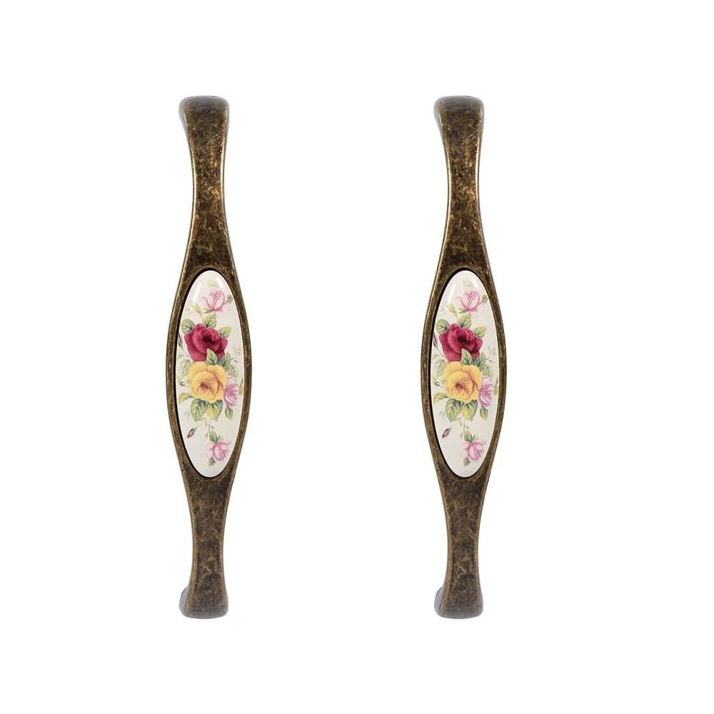 Hapivida Antique Cabinet Handle, Antique Bronze Ceramic Cabinet Door Pulls Vintage Rural Floral Pattern Drawer Dresser Knobs DIY Tray Handles for Furniture Cupboard Drawer (#3-2pcs)