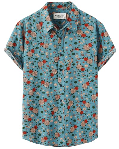 Mens Short Sleeve Casual Button Down Shirt Floral Printed Hawaiian Shirt Tropical Summer Aloha Shirt