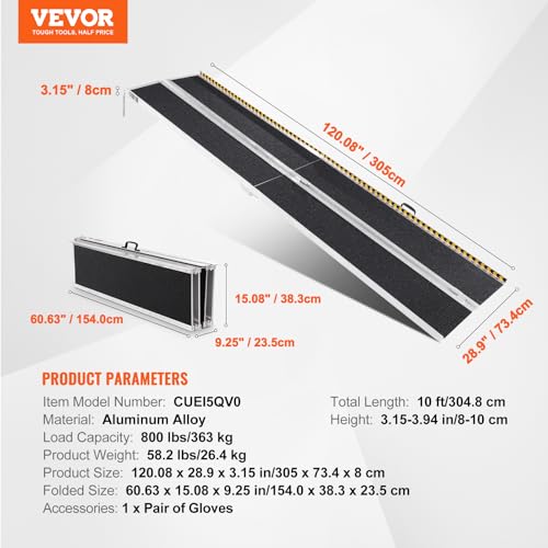VEVOR Tragbare Rollstuhlrampe 3 m 363 kg Tragkraft rutschfeste Aluminium-Klappschwellenrampe Faltbare Rollstuhlrampe für Mobilitätsroller Behindertenrampe für Hausstufen Treppen Türen Bordsteine