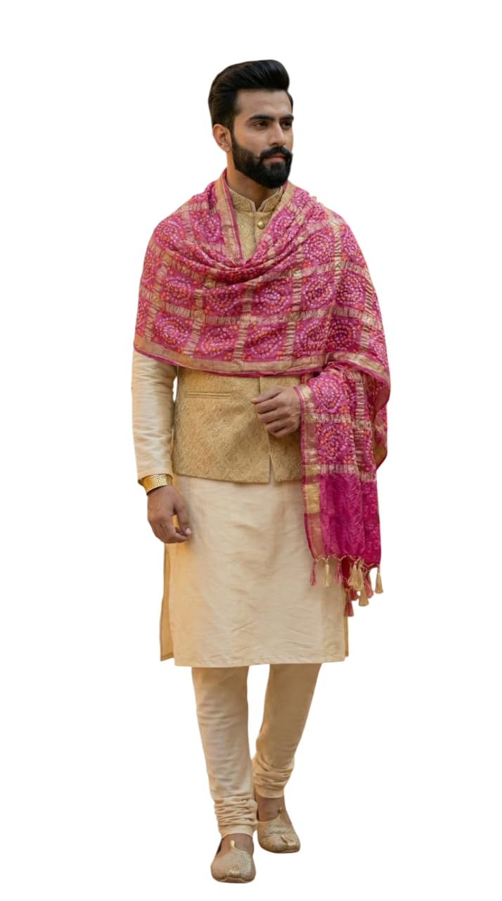 Men’s Royal Art Silk Crushed Stole | Traditional Bandhani Print Dupatta for Sherwani & Kurta | Festive Wedding Scarf with Tassels-image-22