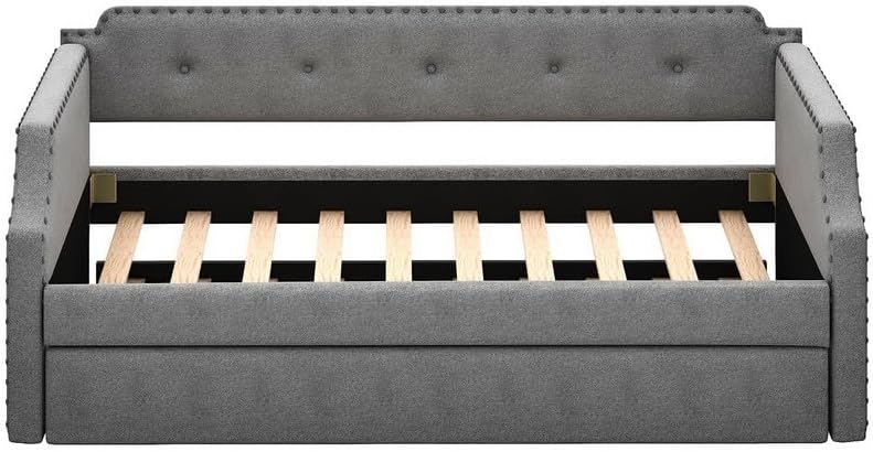 Twin Daybed with Trundle, Linen Upholstered Twin Size Sofa Bed Frame with Wood Slat Support, Twin Bed Frame with Button Tufted Backrest and Nailhead Trim, No Box Spring Needed, Easy Assembly, Grey