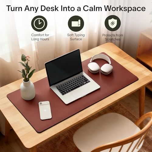 Image of Nordik Felt and Leather Desk Mat - Dual Layer Emberwood Brown 35 x 17 in | Dual-Layered Mat Leather Desk Pad with Document Organizer - Full Desktop Mat - Large Non-slip and Waterproof Desk Blotter