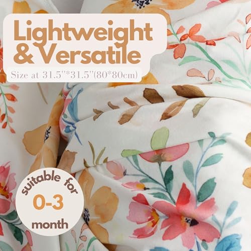 Image of Newborn Baby Girl Receiving Blanket Swaddle Blanket Stretchy Knit Swaddle Set with Matching Headband and Beanie (Orange and Pink Floral)