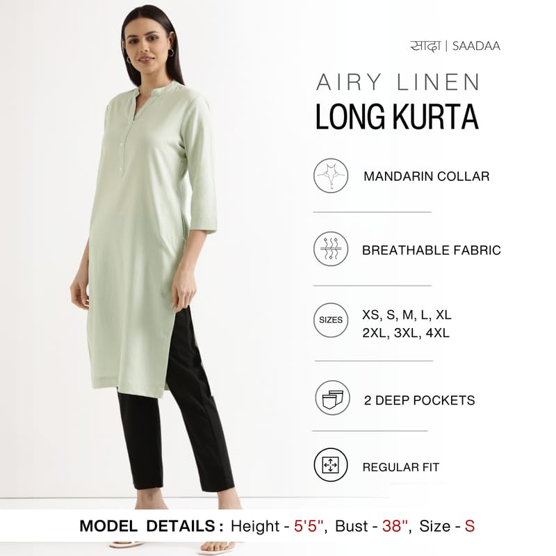 Image of SAADAA Women's Linen Straight Fit Straight Long Kurta Airy Plain Kurta, 3 /4 Sleeve, Knee Length Kurtis with Pockets, Casual and Office Wear