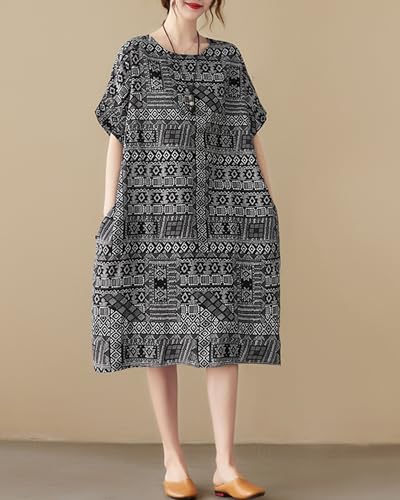Image of LUZU JUNU Women's Summer Baggy Plus Size Loose Cotton Linen Long Boho Beach Dress with Pockets