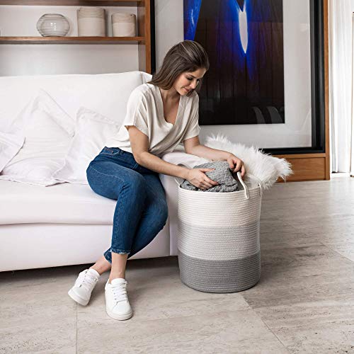Image of OrganiHaus Tall Cotton Rope Laundry Basket & Hamper, Blanket Storage 52L | 3-Toned Gray - Tall Cotton Rope Hamper, 52L