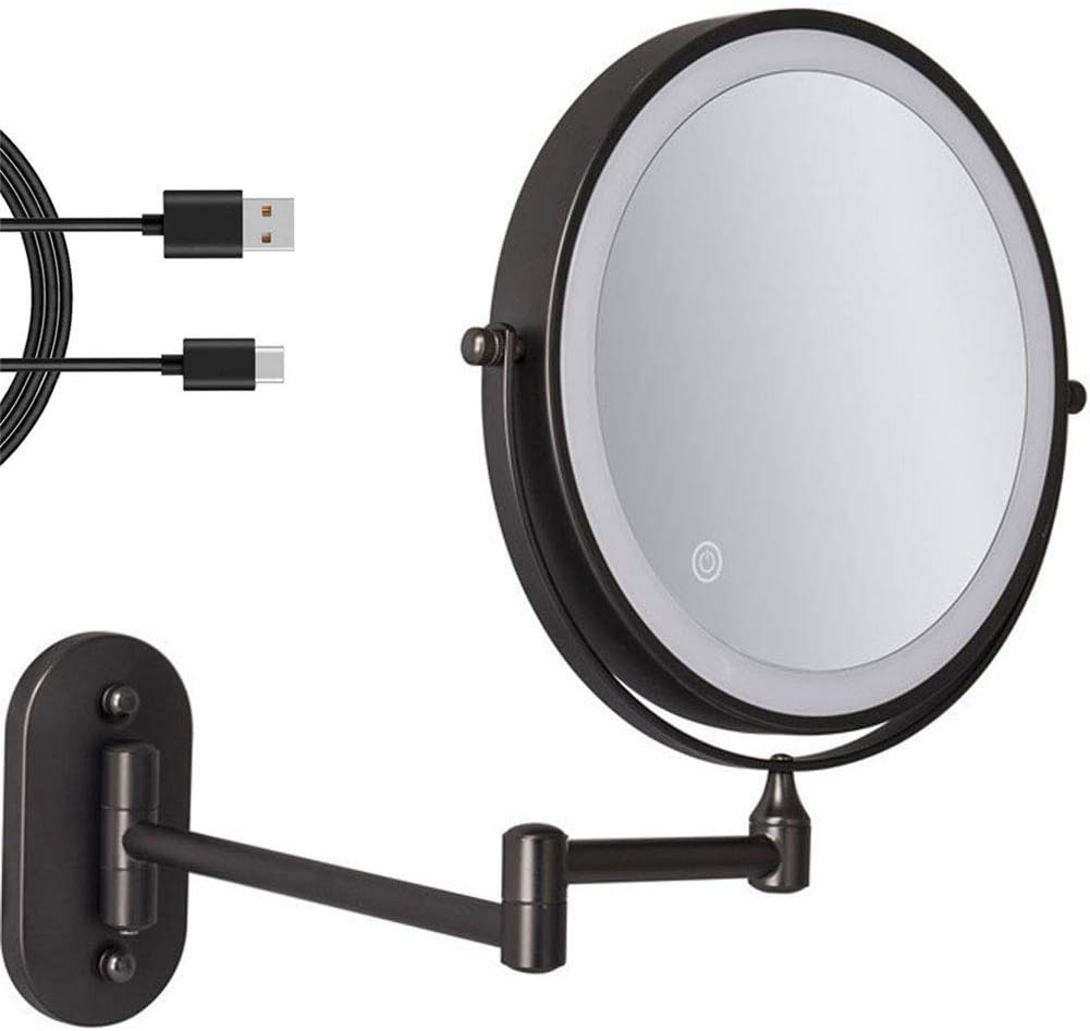 8'' Wall Mounted Makeup Mirror Black USB Rechargeable Double Sided with 3 Tones LED Lights 1x/5x Magnifying Bathroom Mirror for Shaving Extendable Arm Touch Control1X/5X