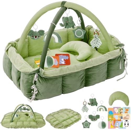 Image of 5-in-1 Plush Baby Play Gym & Activity Mat, Baby Play Mats, Baby Gym with Convertible Design, Tummy Time Mat with Pillow, 6 Sensory Toys for Newborn to Toddler, Green