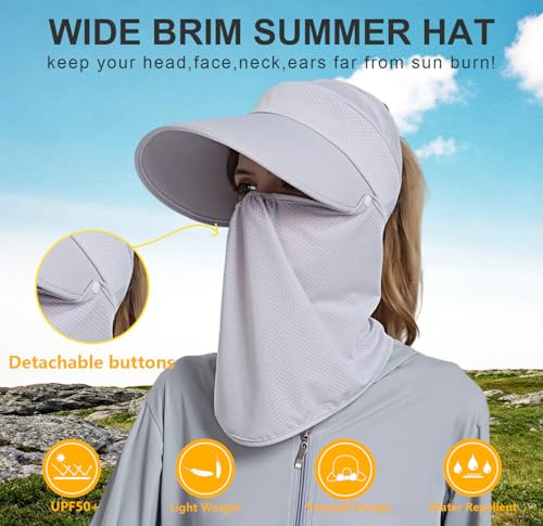 Image of Women Wide Brim Face Mask Sun Hat Detachable Neck Face Flap Ponytail UV Protection Visor Hat Garden Fishing Hiking