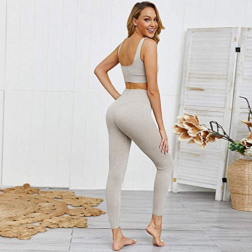 Hotexy Women\'s Workout Outfit 2 Pieces Seamless Yoga Leggings with Sports Bra Gym Clothes Set Light Khaki - Thumbnail 2