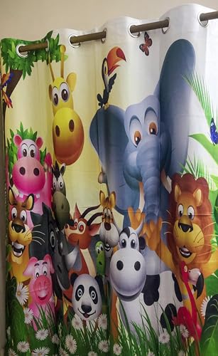 Image of 3D Printed Cartoon Animals Theme School Curtains for Kids Room /Playschool Long Door Curtains, 4x9 feet Set of 3 pcs