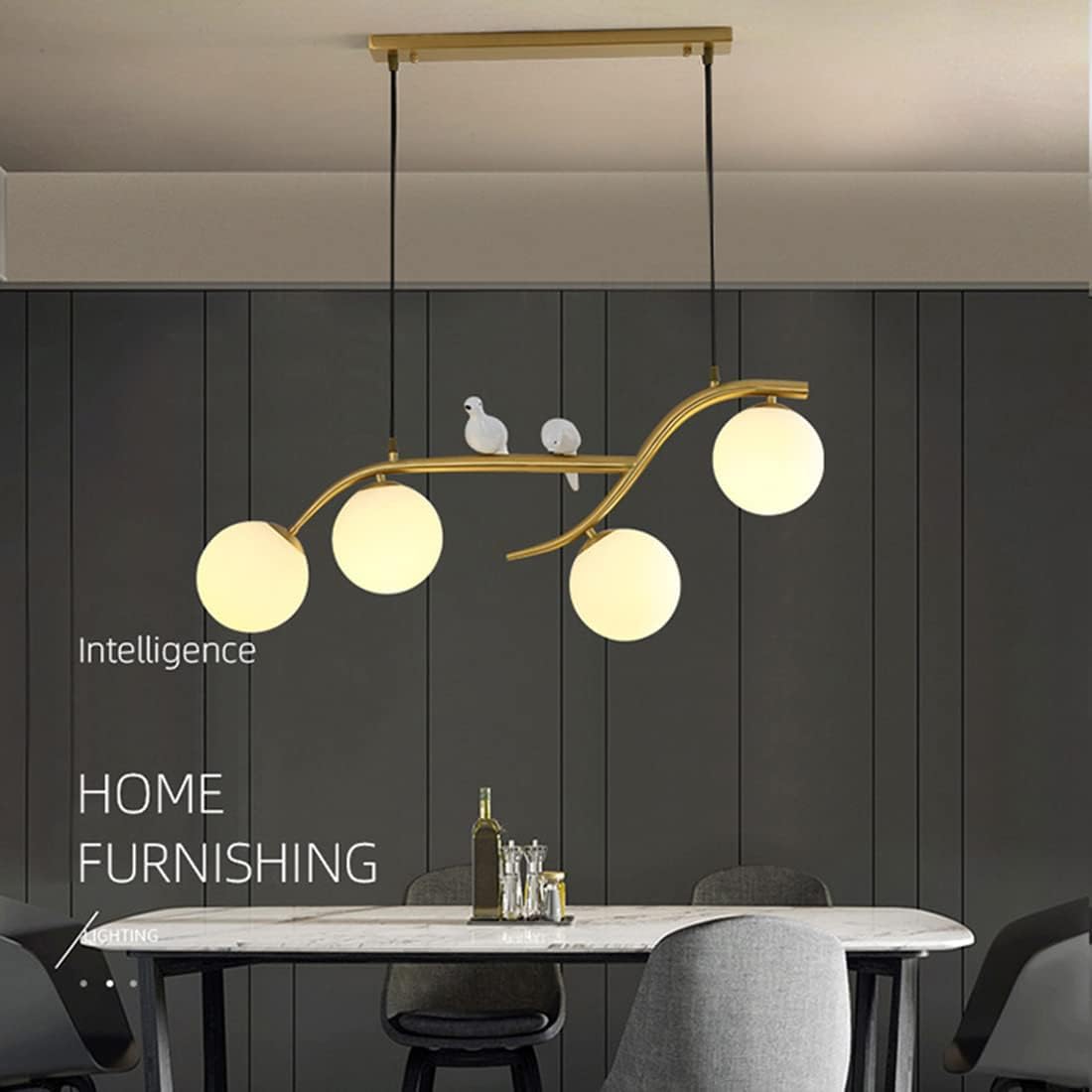 Lampadario a 4 luci in Vetro opalino Dorato Stile Mid-Century Modern per Tavolo da Pranzo, Stile Rustico, Nero, a Sospensione lineare Lunga, con Uccelli nordici, Lampada da soffitt