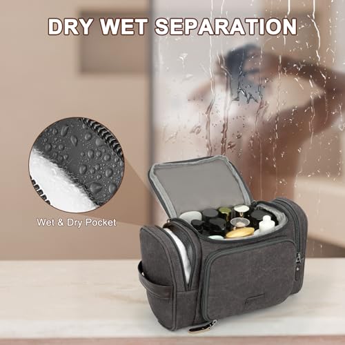 ZOMFELT Travel Toiletry Bag for Men, Water-Resistant Canvas Dopp Kit with Wet Compartments, Multi-Pocket Organizer for Shaving Kit, Gym Essentials and Toiletries Accessories, Grey3