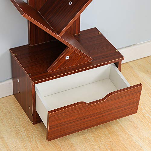 Genenic Tree Bookshelf with Drawers,8-Tier Floor Standing Bookcase,with Wooden Storage Rack Display Shelves Cabinet in Living Room/Home/Office for Books/CDs/Movies/Files (Teak Pattern, 8 Tier) - Thumbnail 6